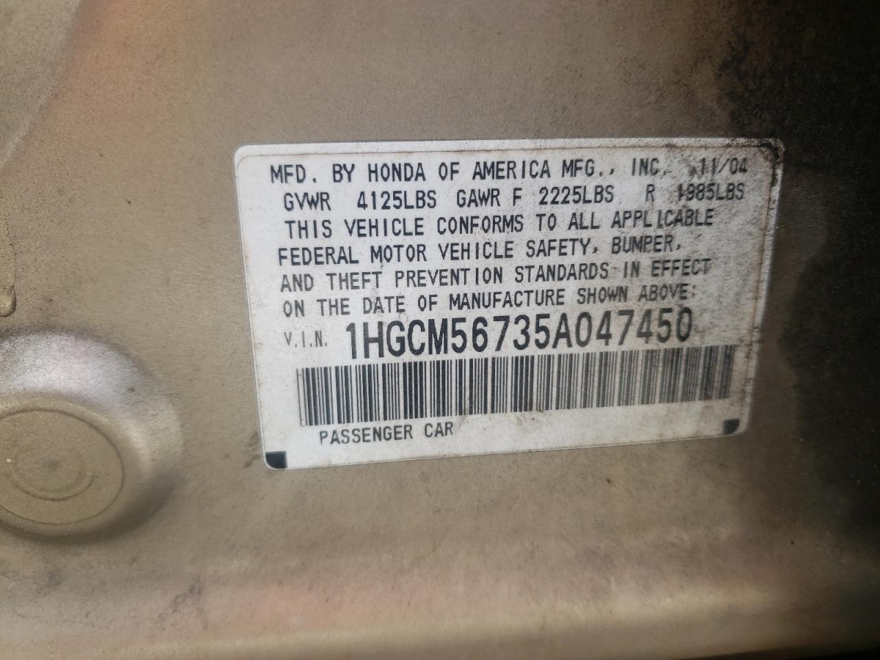 Photo 10 from auction – 2005 HONDA ACCORD EX with VIN 1HGCM56735A047450