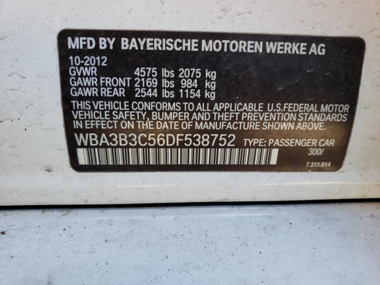 Photo 10 from auction – 2013 BMW 328 XI with VIN WBA3B3C56DF538752