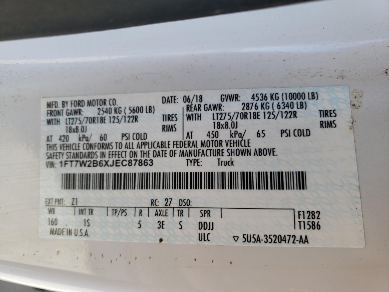 Photo 10 from auction – 2018 FORD F250 SUPER with VIN 1FT7W2B6XJEC87863