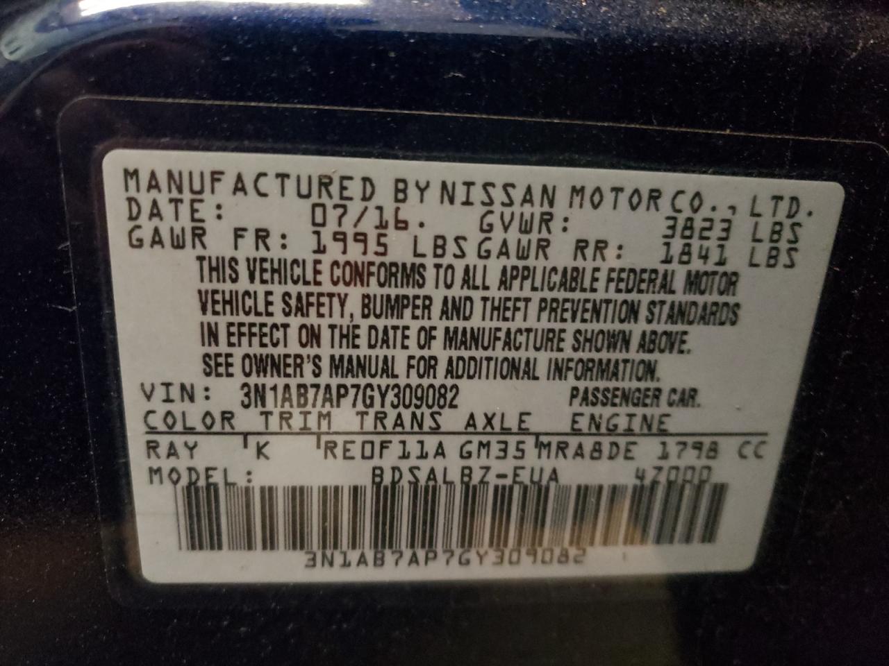 Photo 10 from auction – 2016 NISSAN SENTRA S with VIN 3N1AB7AP7GY309082