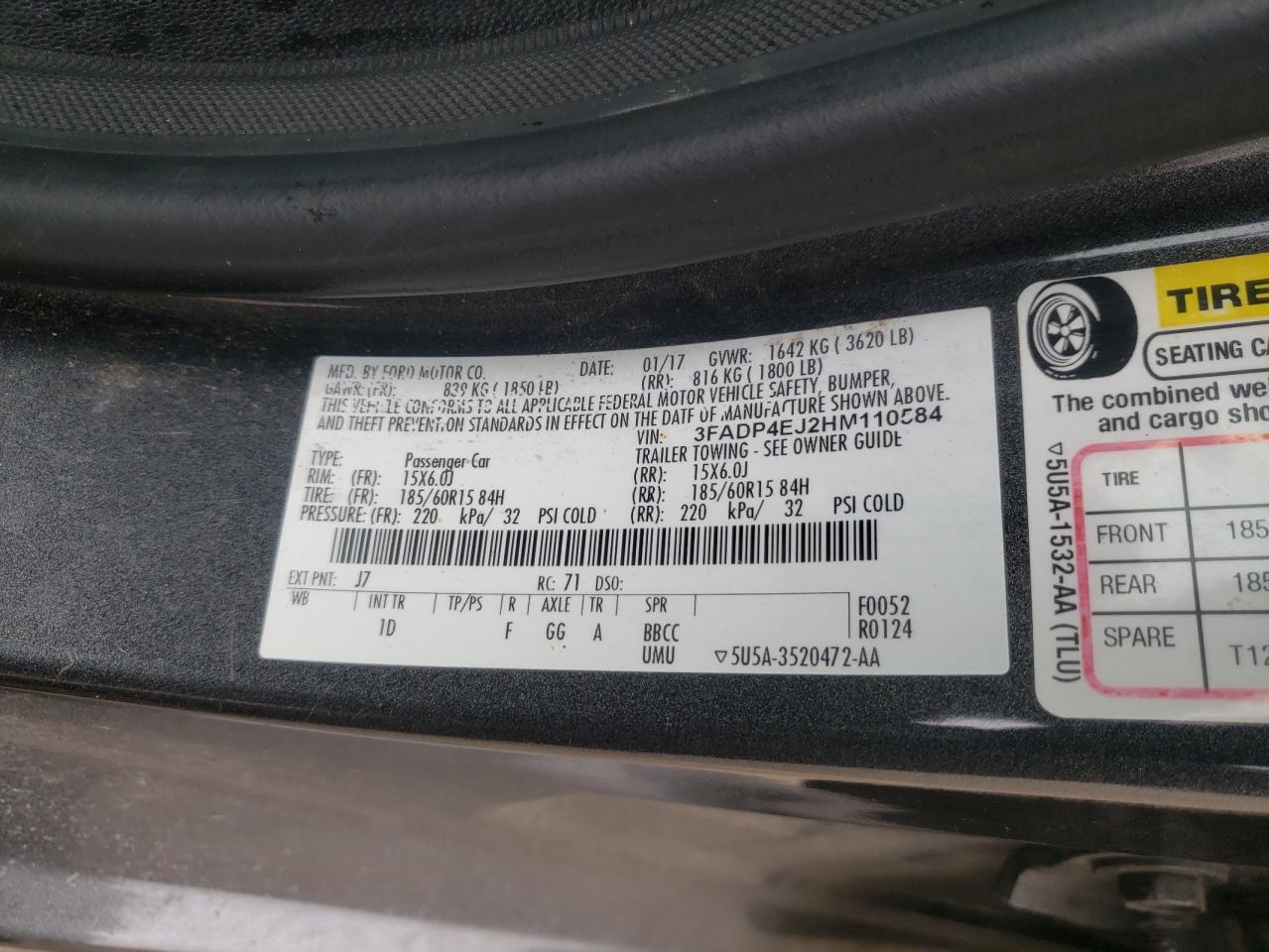 Photo 10 from auction – 2017 FORD FIESTA SE with VIN 3FADP4EJ2HM110584