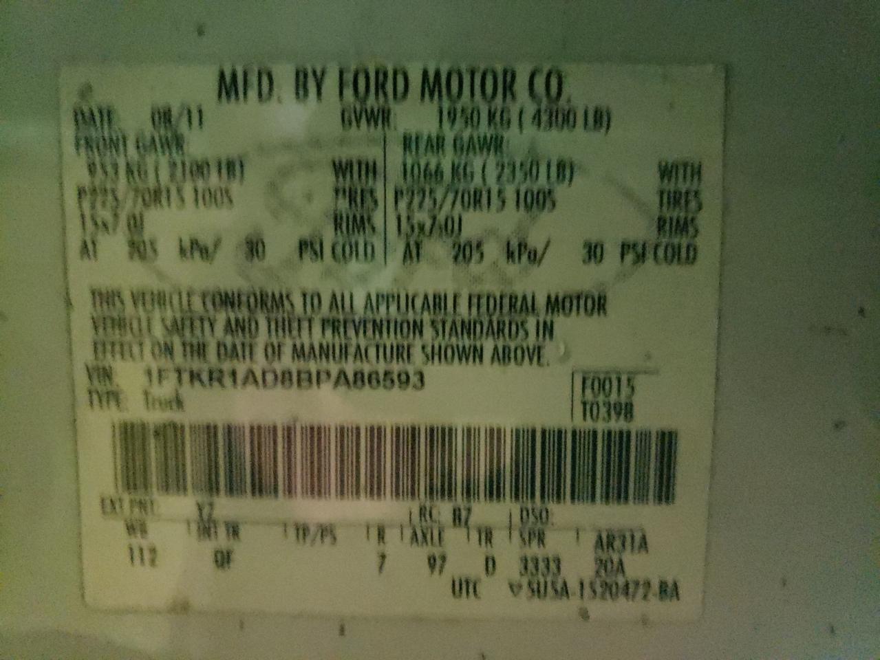 Photo 10 from auction – 2011 FORD RANGER with VIN 1FTKR1AD8BPA86593