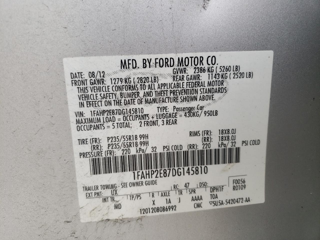Photo 10 from auction – 2013 FORD TAURUS SEL with VIN 1FAHP2E87DG145810