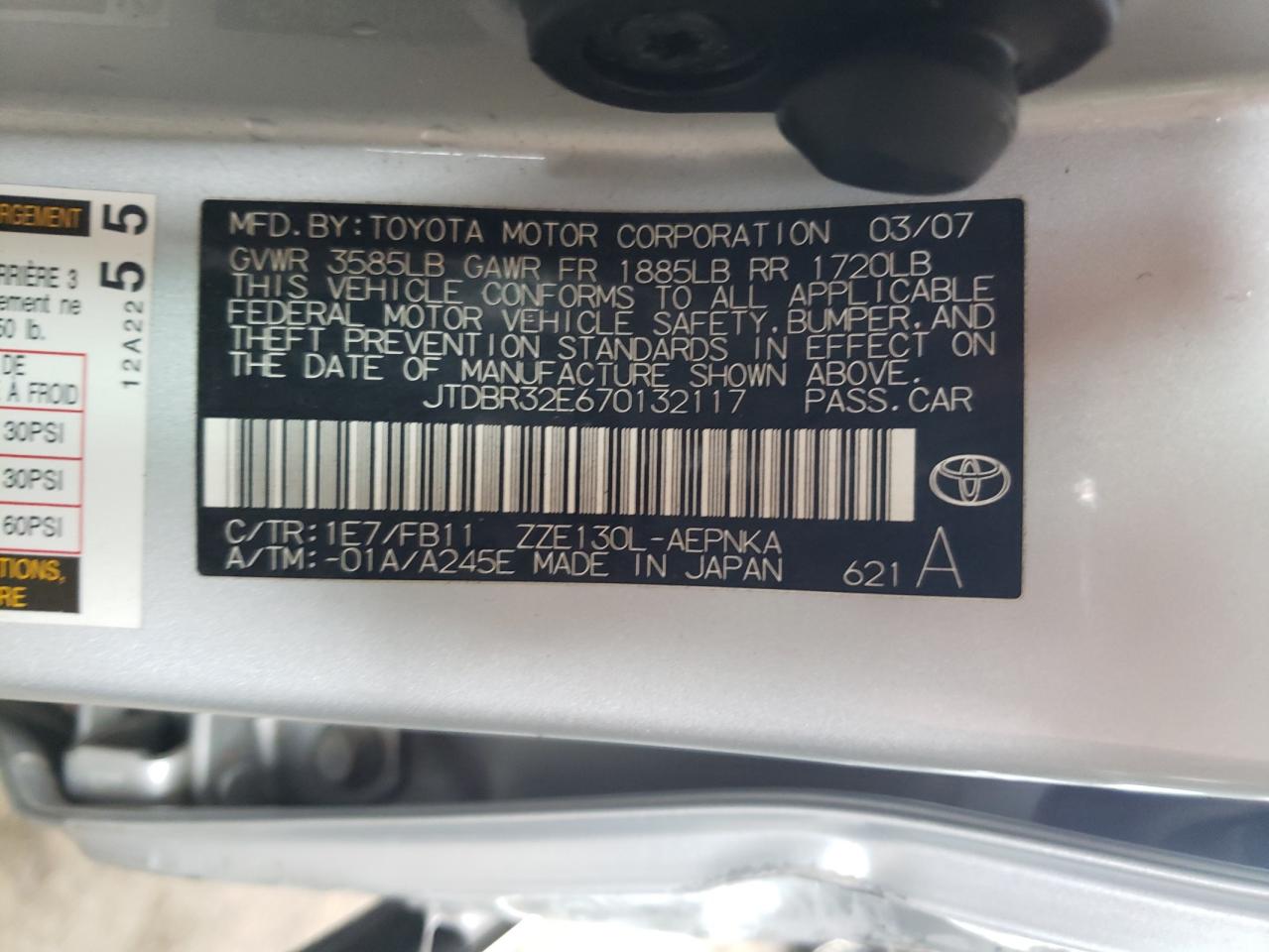 Photo 10 from auction – 2007 TOYOTA COROLLA CE with VIN JTDBR32E670132117
