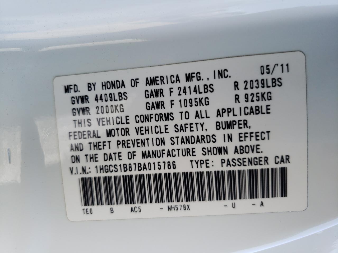 Photo 10 from auction – 2011 HONDA ACCORD EXL with VIN 1HGCS1B87BA015786