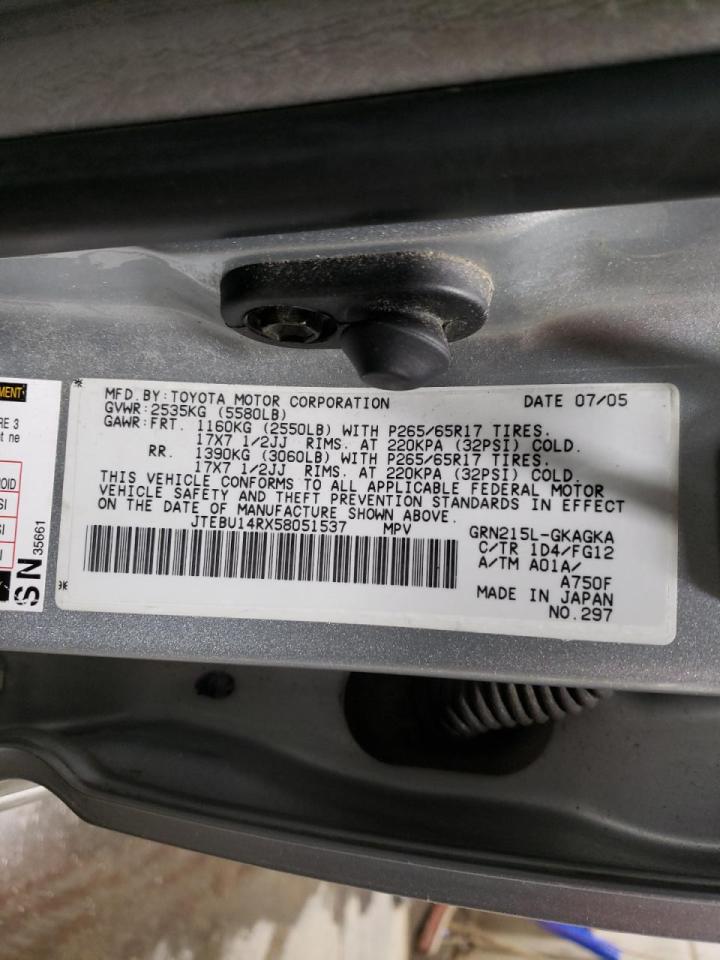 Photo 10 from auction – 2005 TOYOTA 4RUNNER SR with VIN JTEBU14RX58051537