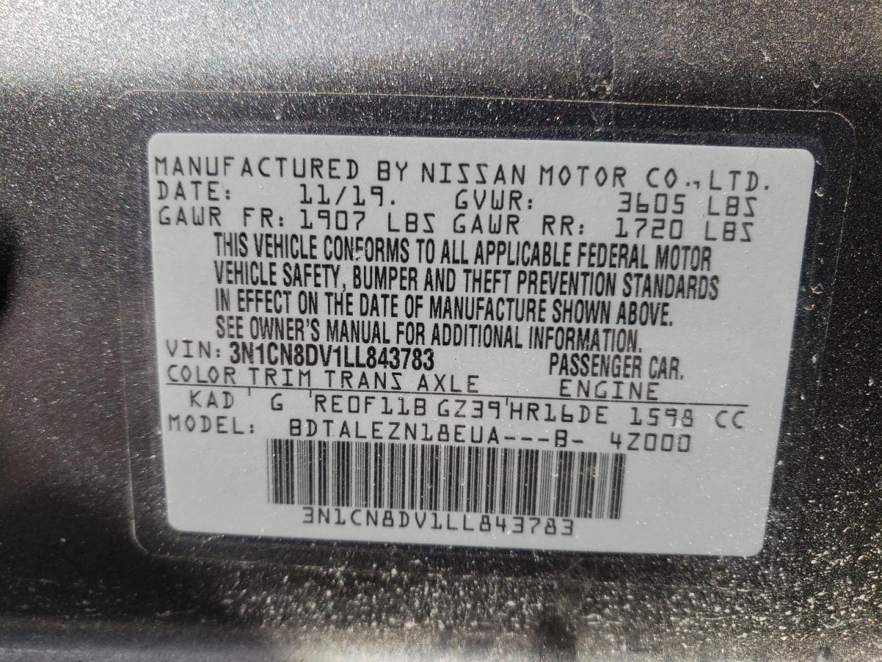 Photo 10 from auction – 2020 NISSAN VERSA S with VIN 3N1CN8DV1LL843783