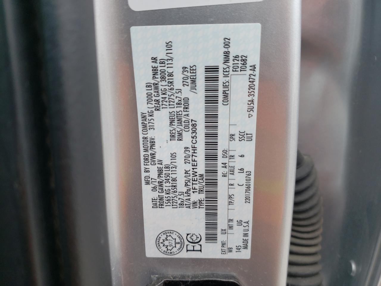 Photo 10 from auction – 2017 FORD F150 with VIN 1FTEW1EF7HFC53087