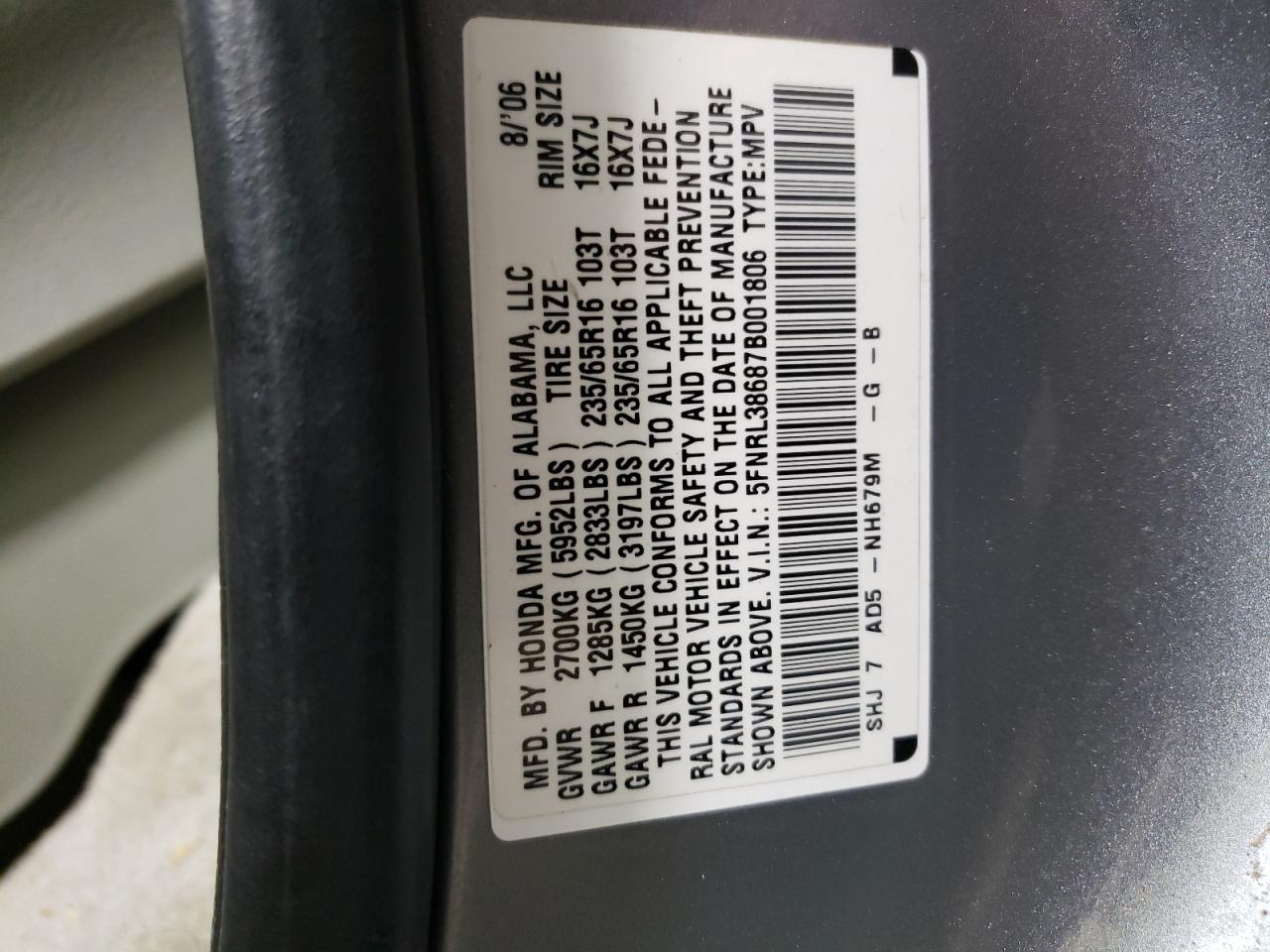 Photo 10 from auction – 2007 HONDA ODYSSEY EX with VIN 5FNRL38687B001806
