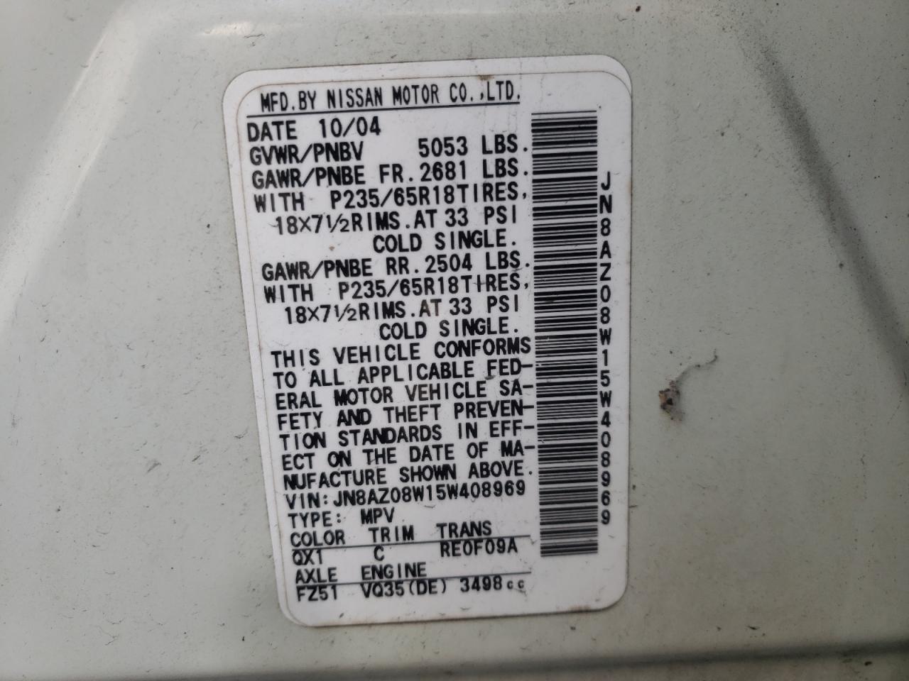 Photo 10 from auction – 2005 NISSAN MURANO SL with VIN JN8AZ08W15W408969