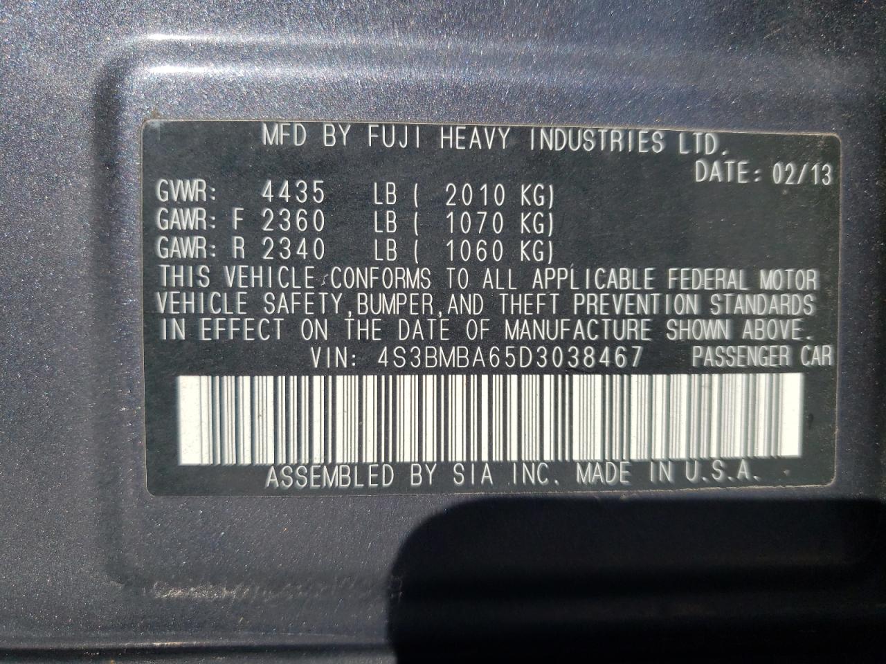 Photo 10 from auction – 2013 SUBARU LEGACY 2.5 with VIN 4S3BMBA65D3038467