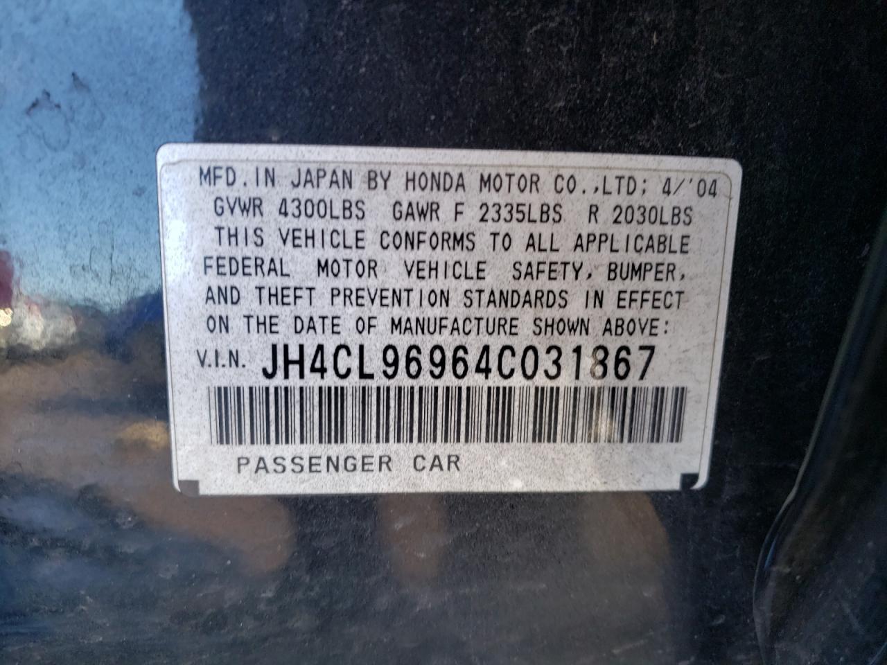 Photo 10 from auction – 2004 ACURA TSX with VIN JH4CL96964C031867