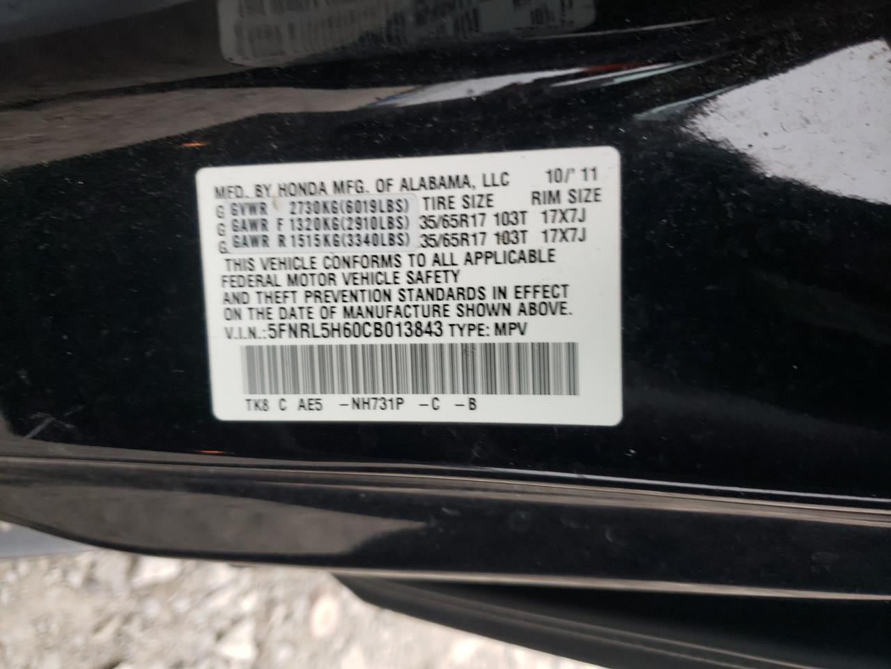 Photo 10 from auction – 2012 HONDA ODYSSEY EX with VIN 5FNRL5H60CB013843