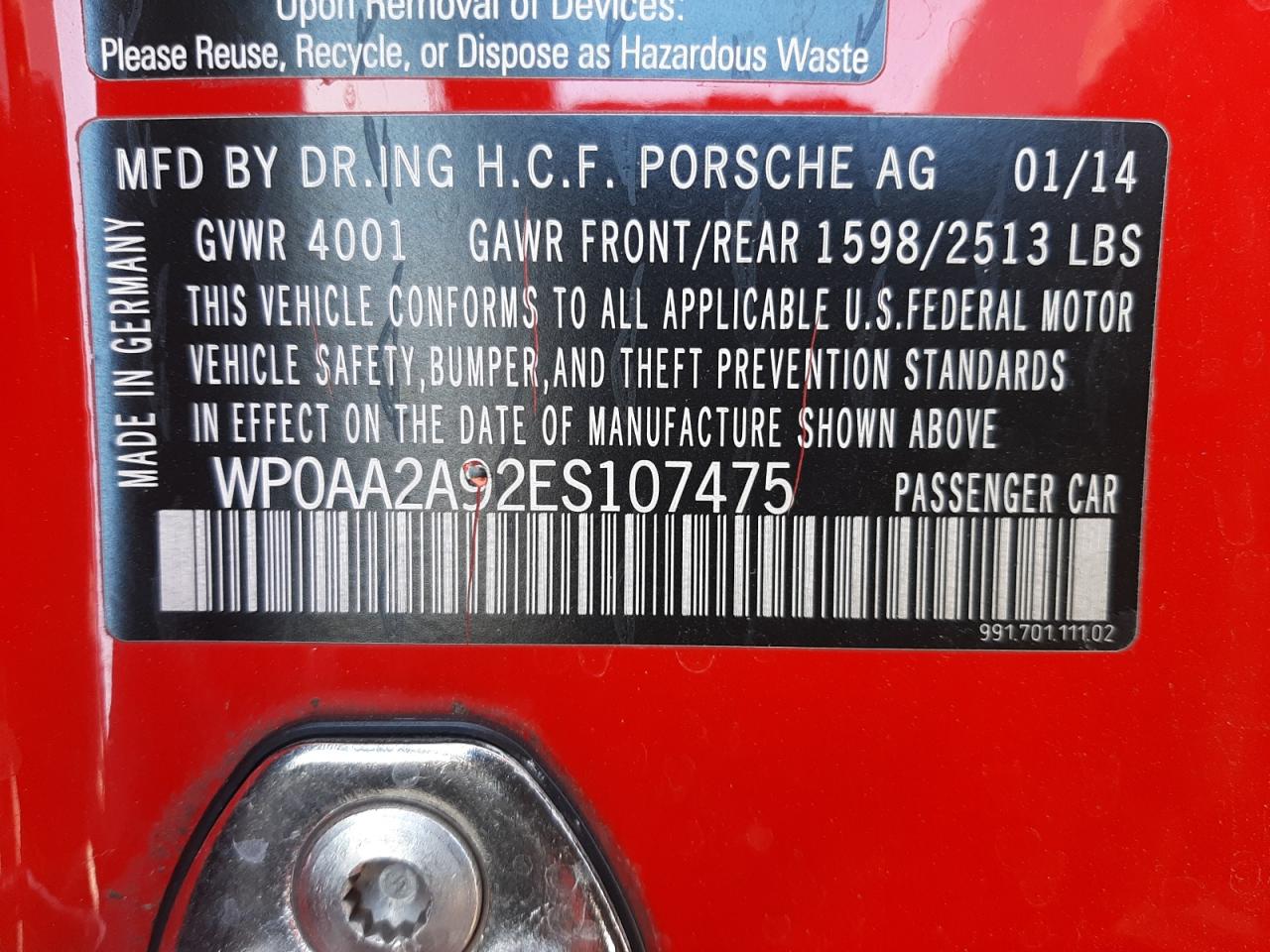 Photo 10 from auction – 2014 PORSCHE 911 CARRER with VIN WP0AA2A92ES107475