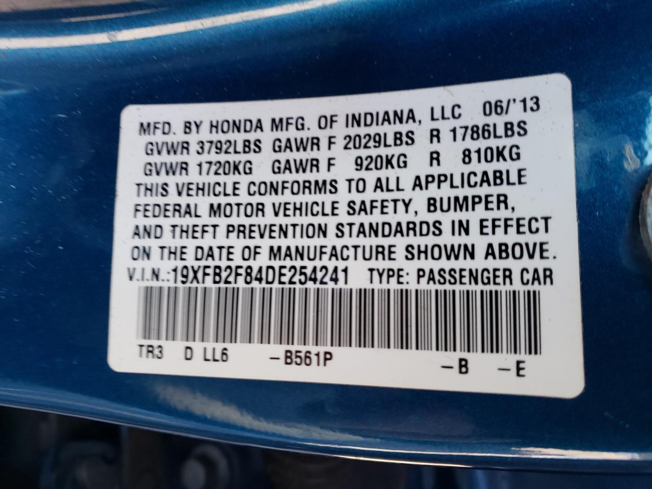 Photo 10 from auction – 2013 HONDA CIVIC EX with VIN 19XFB2F84DE254241