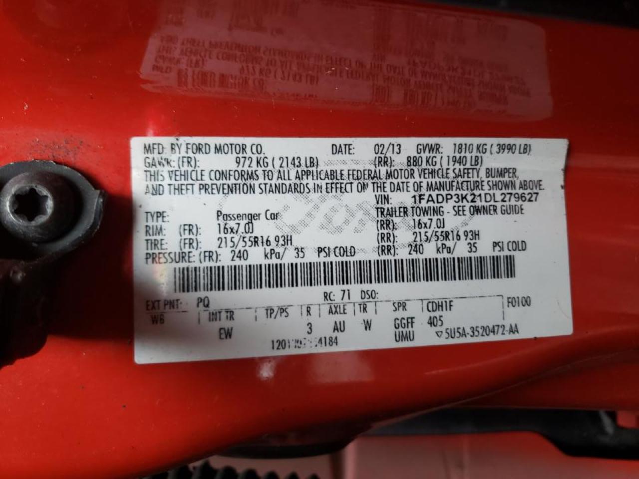 Photo 10 from auction – 2013 FORD FOCUS SE with VIN 1FADP3K21DL279627
