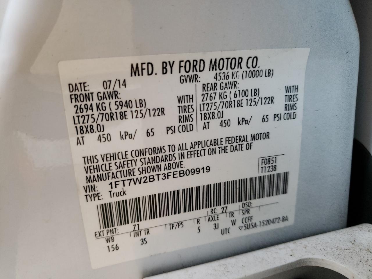 Photo 10 from auction – 2015 FORD F250 SUPER with VIN 1FT7W2BT3FEB09919