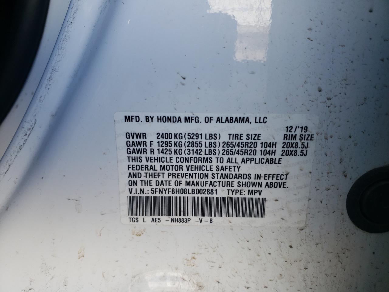 Photo 10 from auction – 2020 HONDA PASSPORT E with VIN 5FNYF8H08LB002881