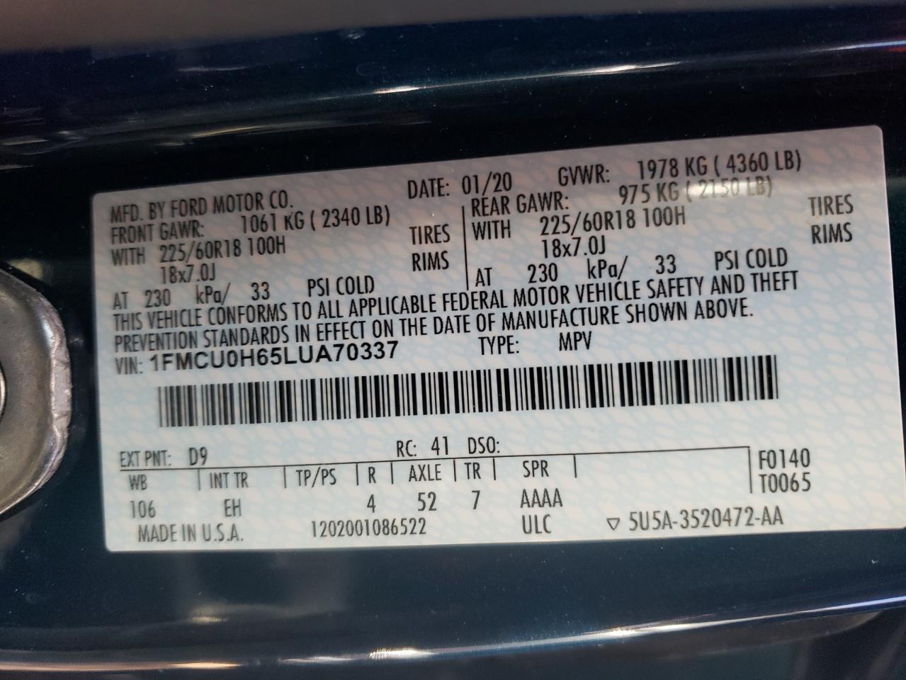 Photo 10 from auction – 2020 FORD ESCAPE SEL with VIN 1FMCU0H65LUA70337