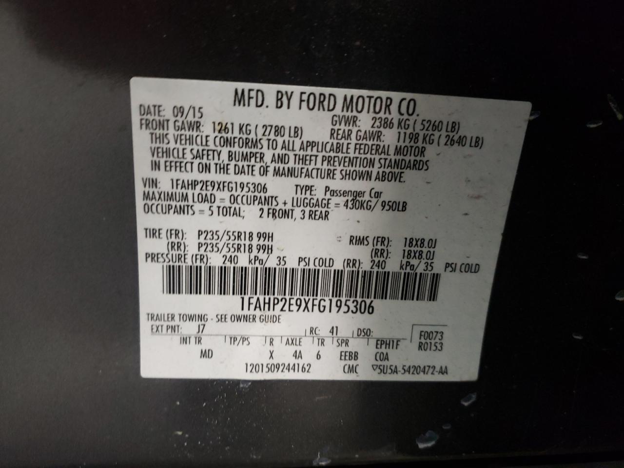 Photo 10 from auction – 2015 FORD TAURUS SEL with VIN 1FAHP2E9XFG195306