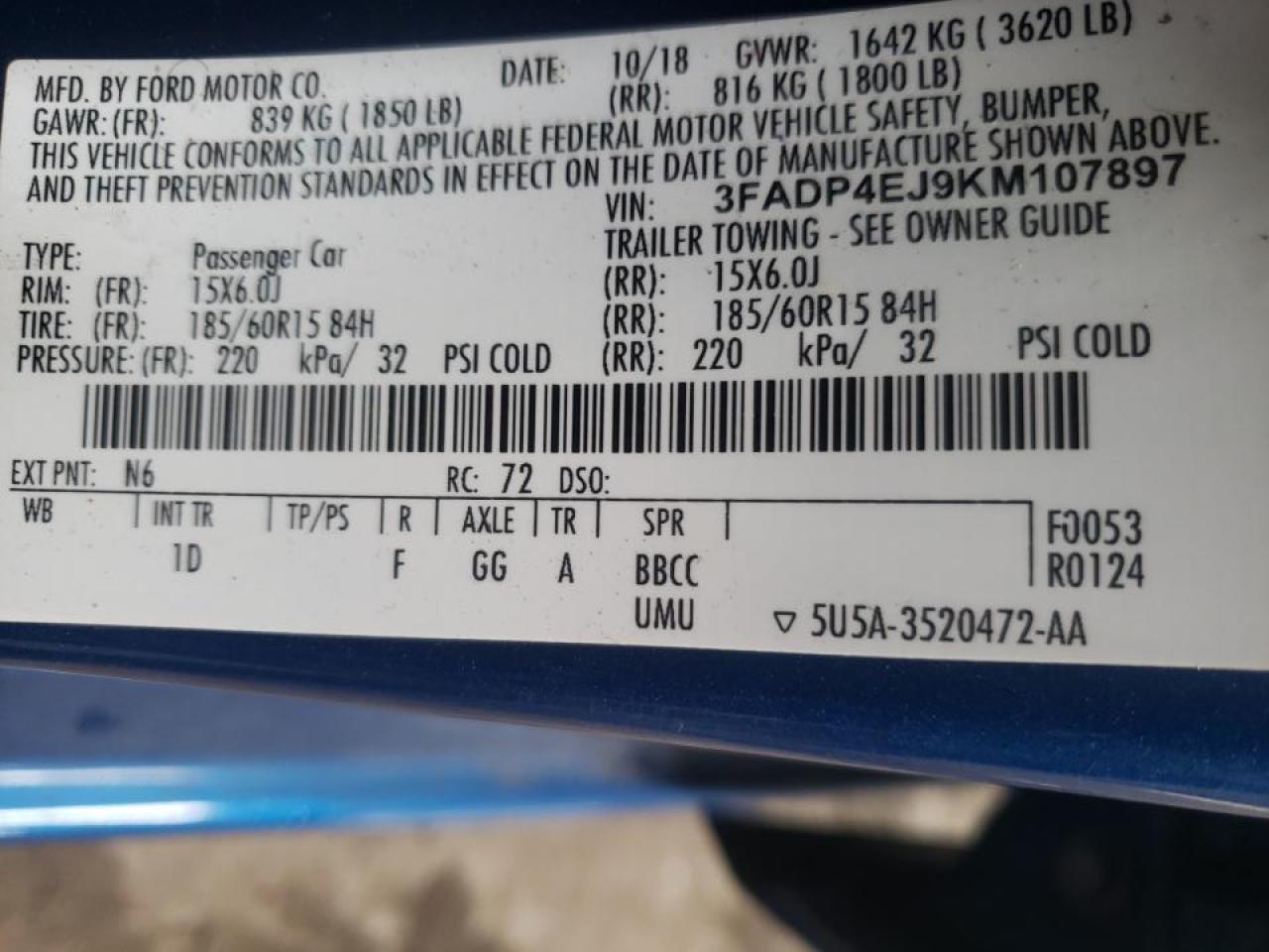 Photo 10 from auction – 2019 FORD FIESTA SE with VIN 3FADP4EJ9KM107897