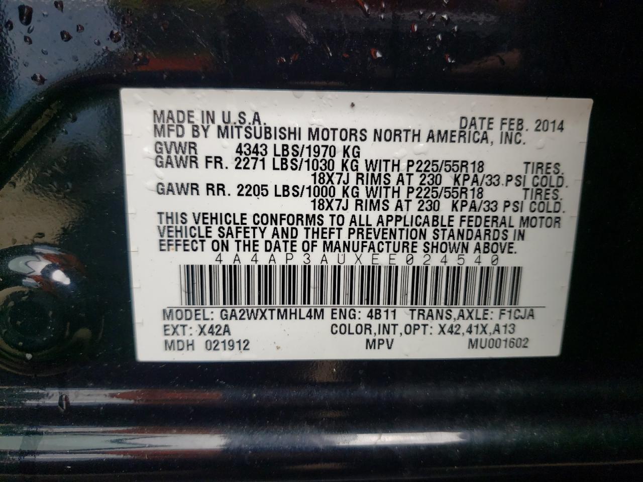 Photo 10 from auction – 2014 MITSUBISHI OUTLANDER with VIN 4A4AP3AUXEE024540