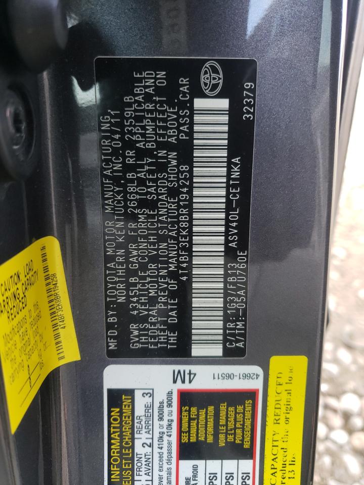 Photo 10 from auction – 2011 TOYOTA CAMRY BASE with VIN 4T4BF3EK8BR194258