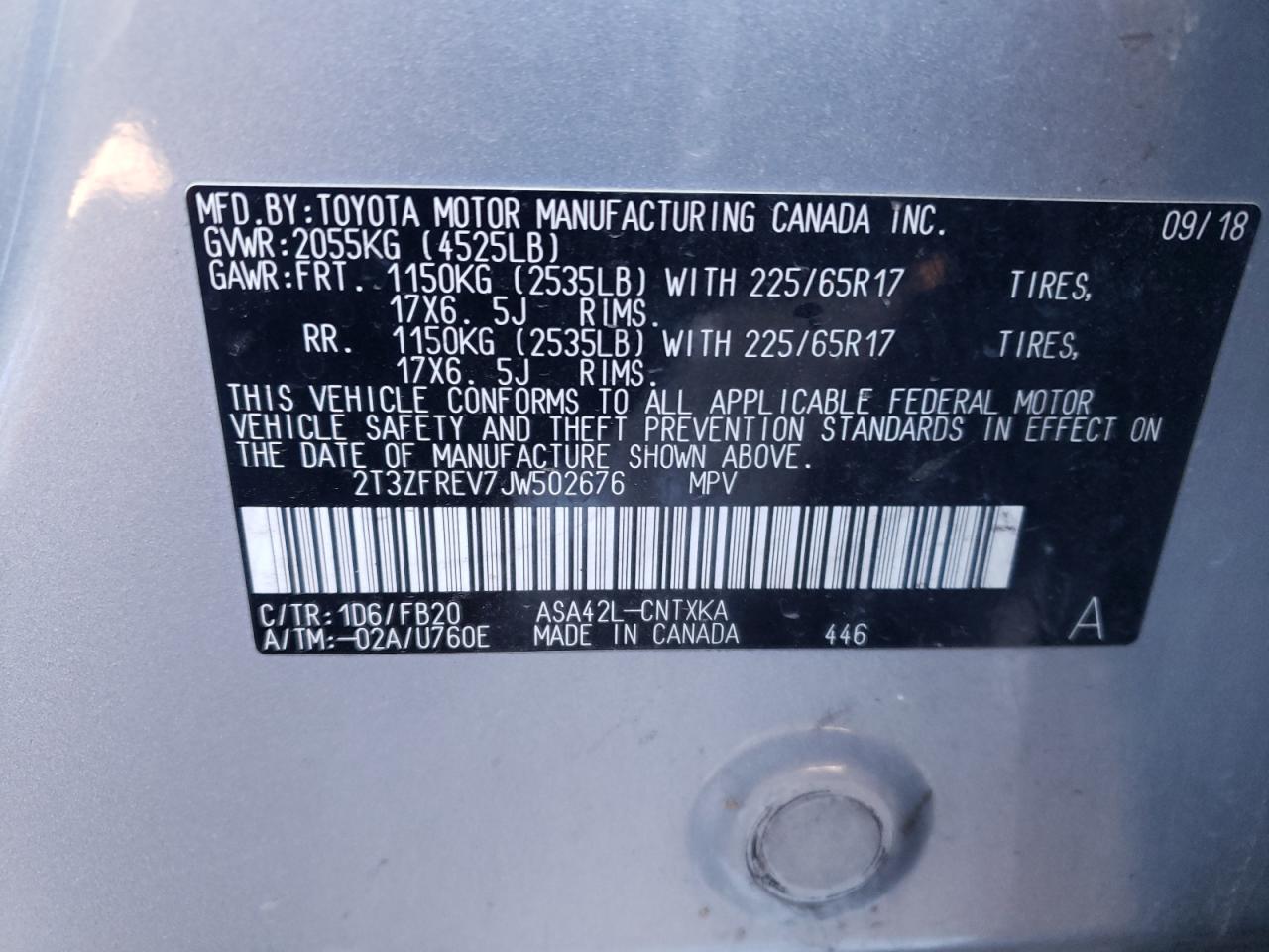 Photo 10 from auction – 2018 TOYOTA RAV4 LE with VIN 2T3ZFREV7JW502676
