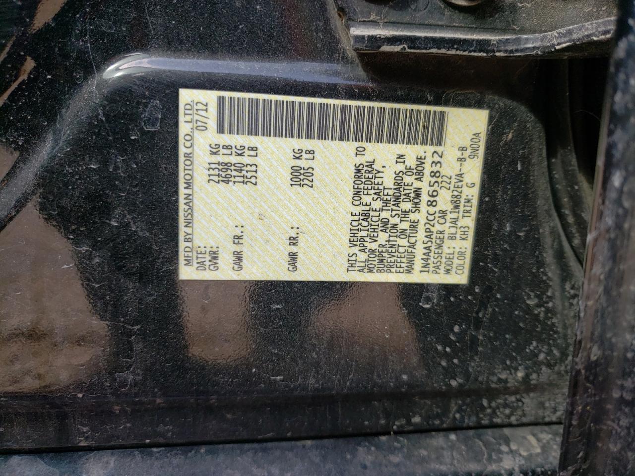 Photo 10 from auction – 2012 NISSAN MAXIMA S with VIN 1N4AA5AP2CC865832