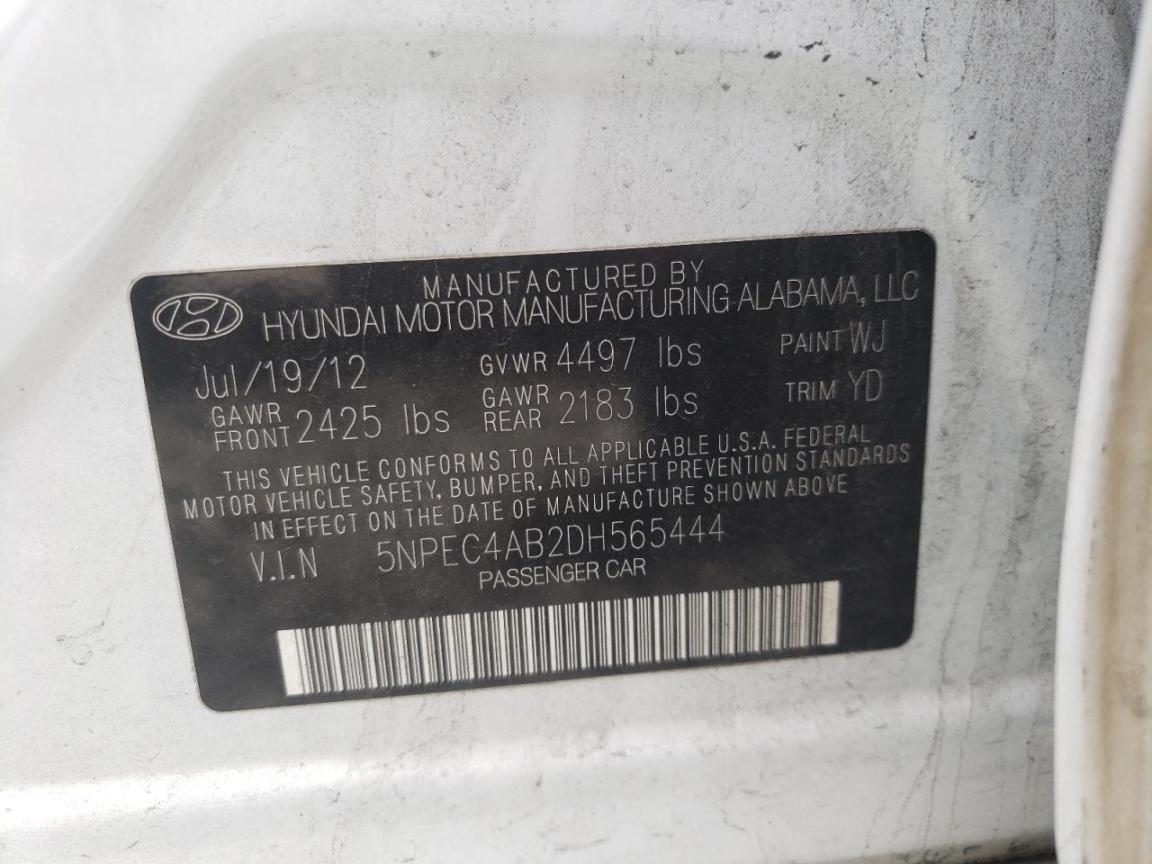 Photo 10 from auction – 2013 HYUNDAI SONATA SE with VIN 5NPEC4AB2DH565444