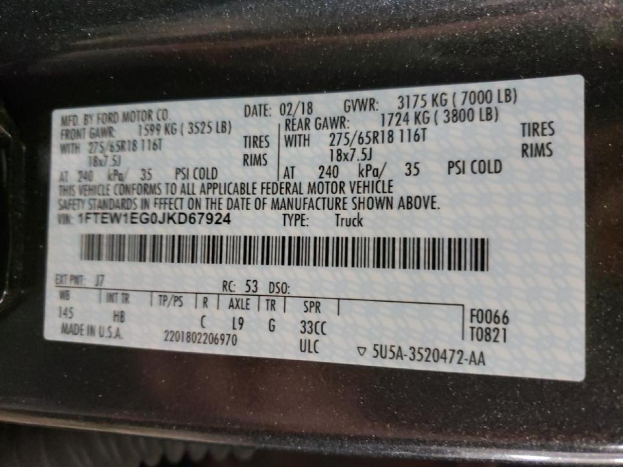 Photo 10 from auction – 2018 FORD F150 SUPER with VIN 1FTEW1EG0JKD67924