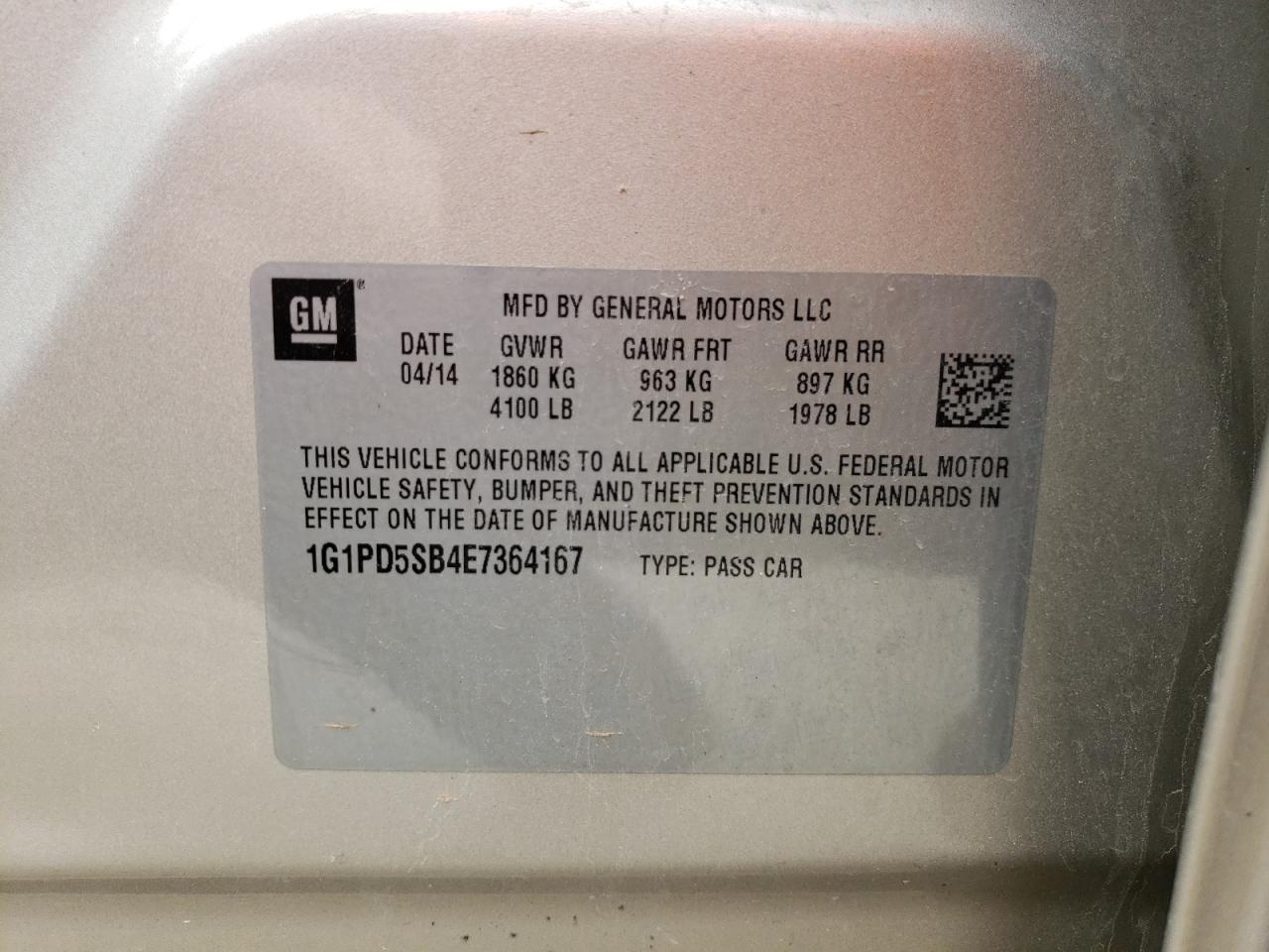 Photo 10 from auction – 2014 CHEVROLET CRUZE LT with VIN 1G1PD5SB4E7364167