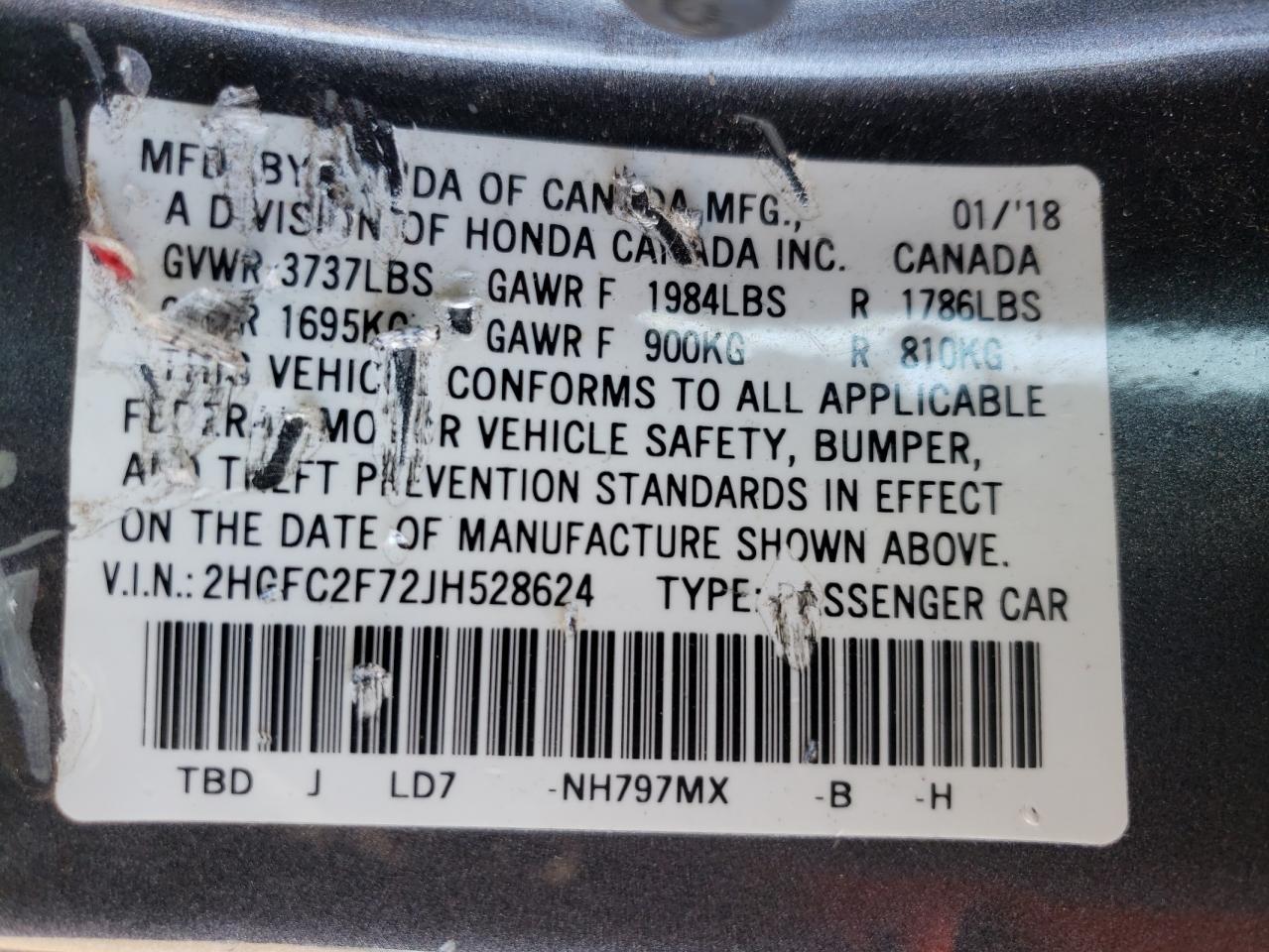 Photo 10 from auction – 2018 HONDA CIVIC EX with VIN 2HGFC2F72JH528624