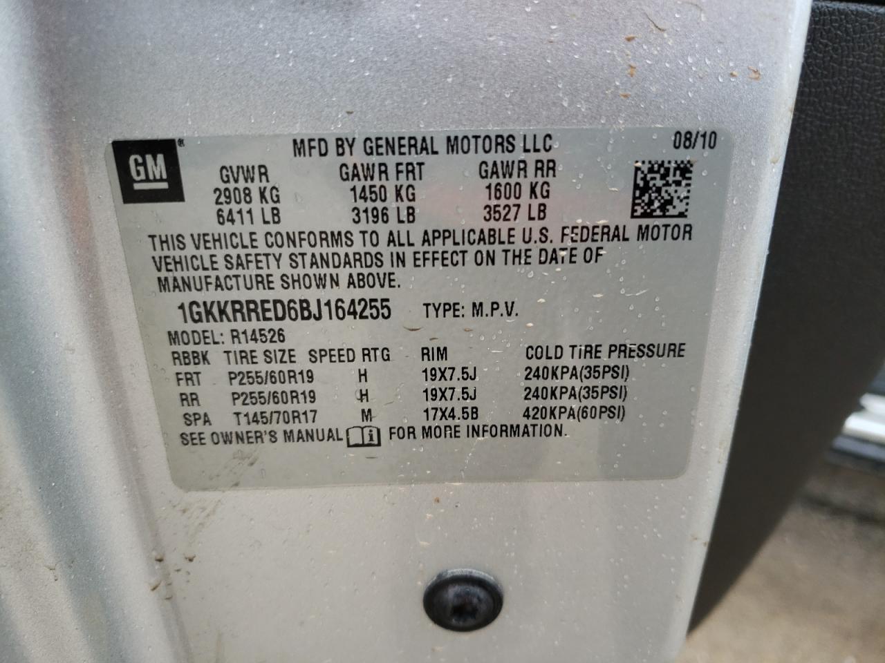 Photo 10 from auction – 2011 GMC ACADIA SLT with VIN 1GKKRRED6BJ164255