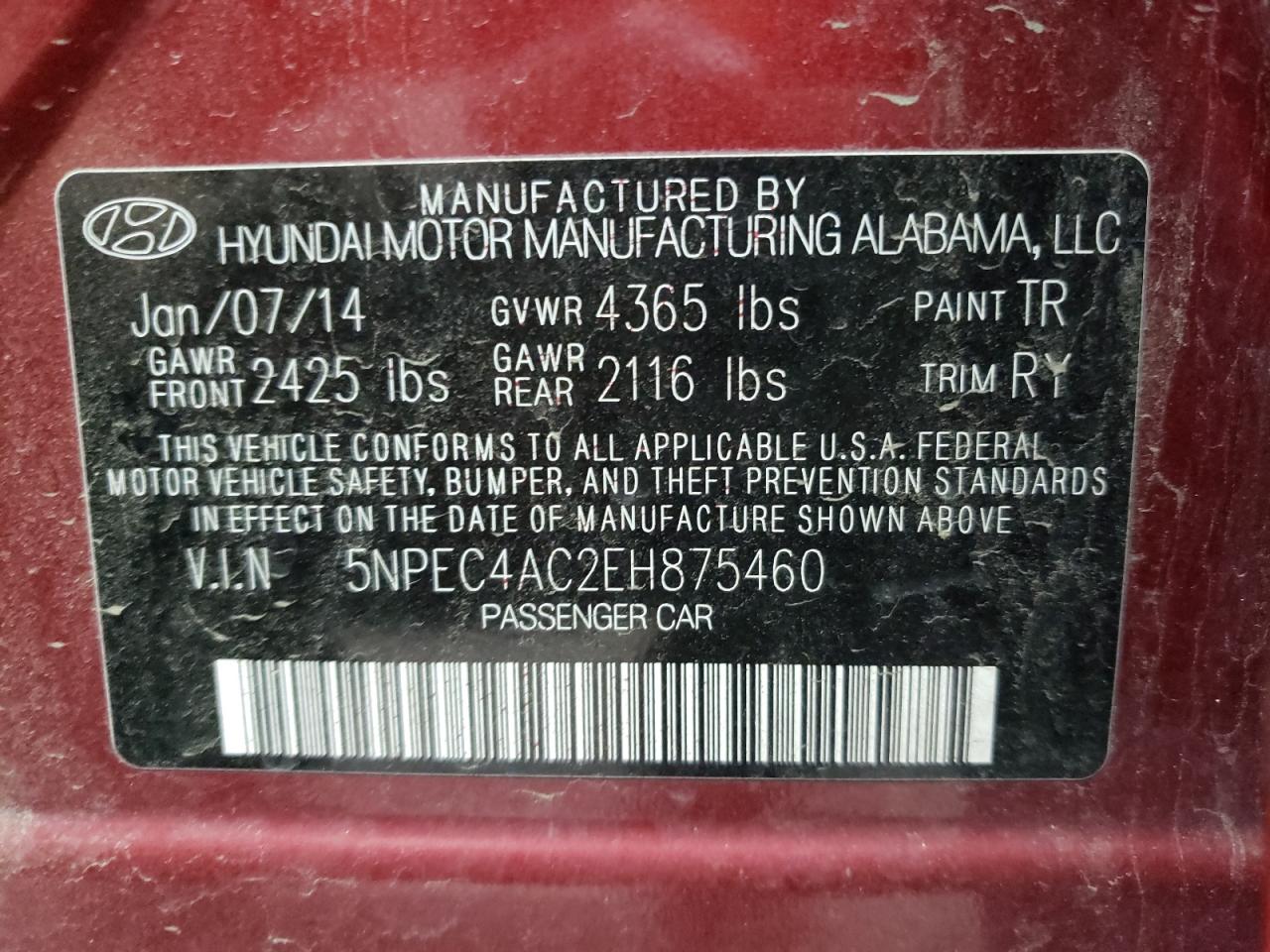Photo 10 from auction – 2014 HYUNDAI SONATA SE with VIN 5NPEC4AC2EH875460