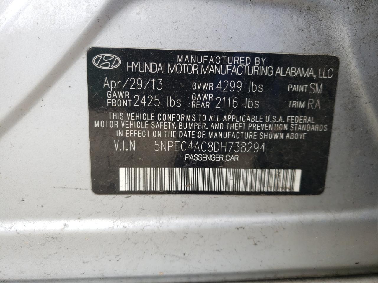 Photo 10 from auction – 2013 HYUNDAI SONATA SE with VIN 5NPEC4AC8DH738294