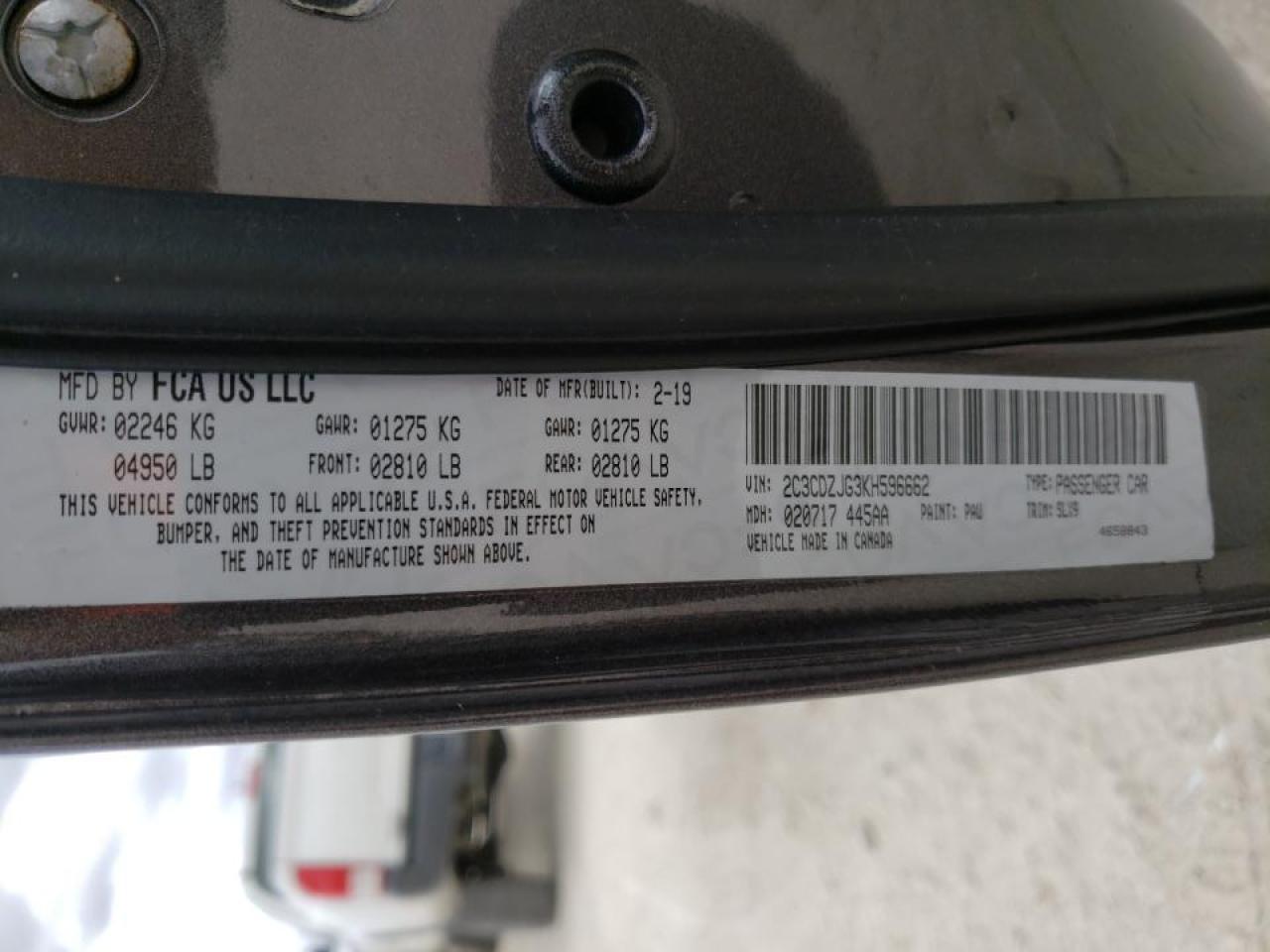 Photo 10 from auction – 2019 DODGE CHALLENGER with VIN 2C3CDZJG3KH596662
