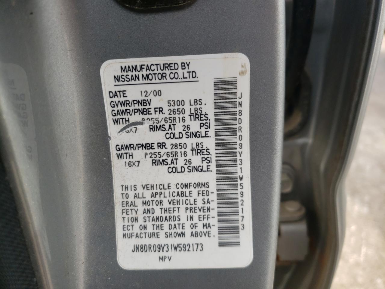 Photo 10 from auction – 2001 NISSAN PATHFINDER with VIN JN8DR09Y31W592173