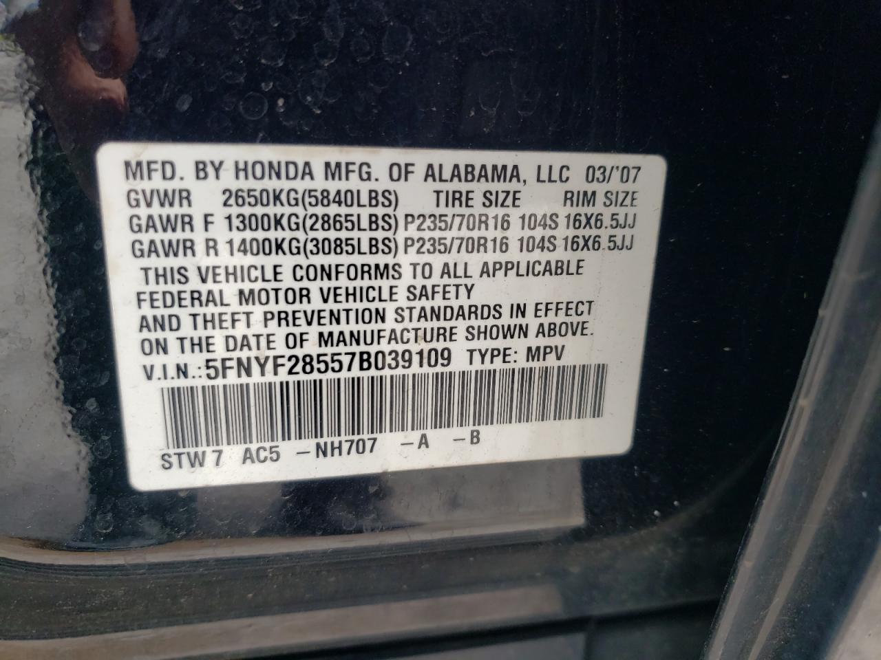 Photo 10 from auction – 2007 HONDA PILOT EXL with VIN 5FNYF28557B039109