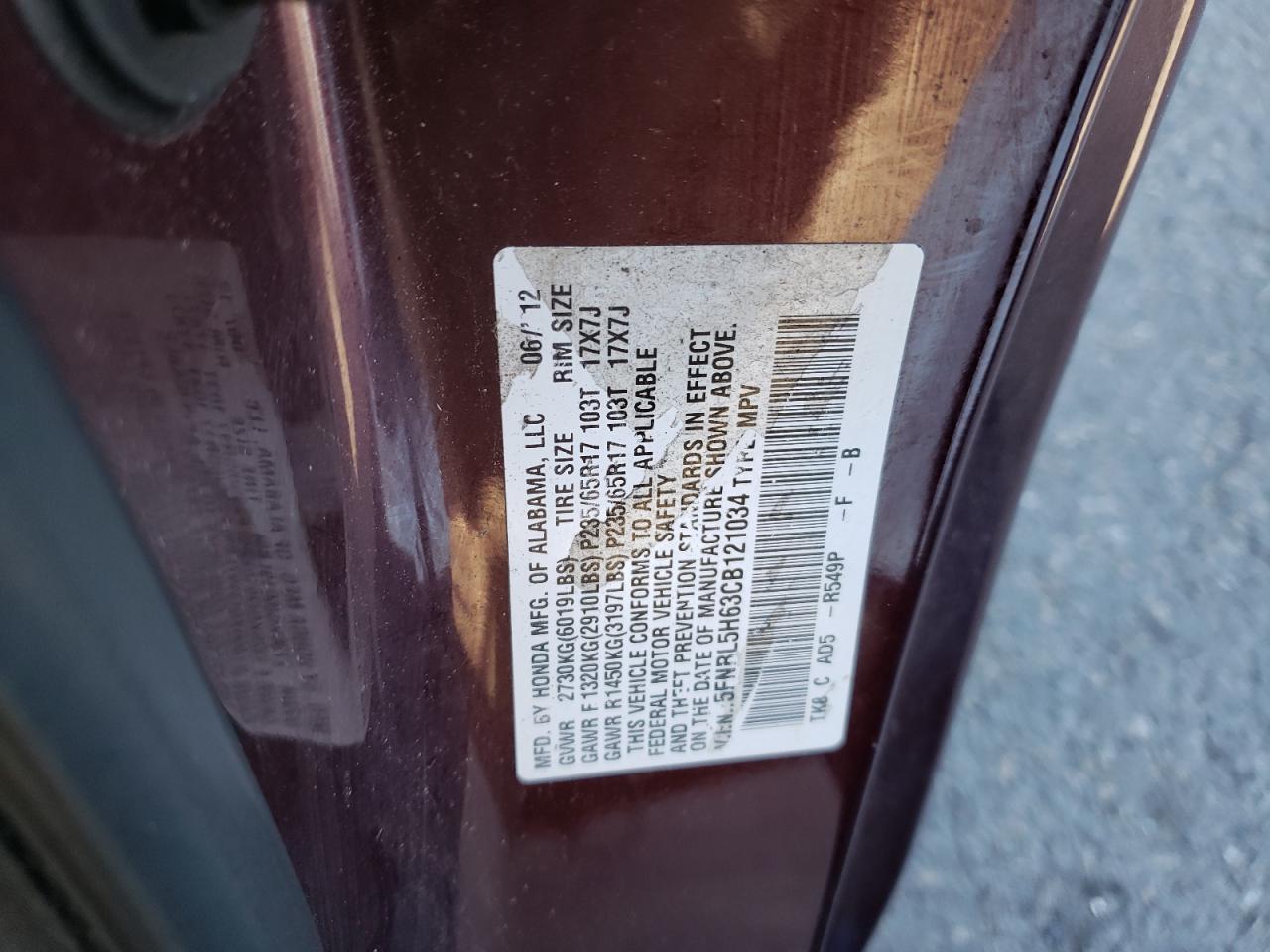 Photo 10 from auction – 2012 HONDA ODYSSEY EX with VIN 5FNRL5H63CB121034