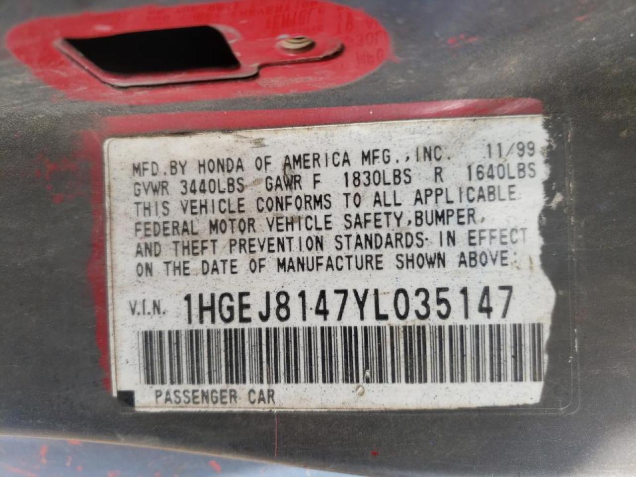 Photo 10 from auction – 2000 HONDA CIVIC EX with VIN 1HGEJ8147YL035147