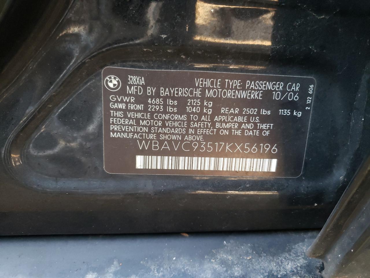 Photo 10 from auction – 2007 BMW 328 XI with VIN WBAVC93517KX56196