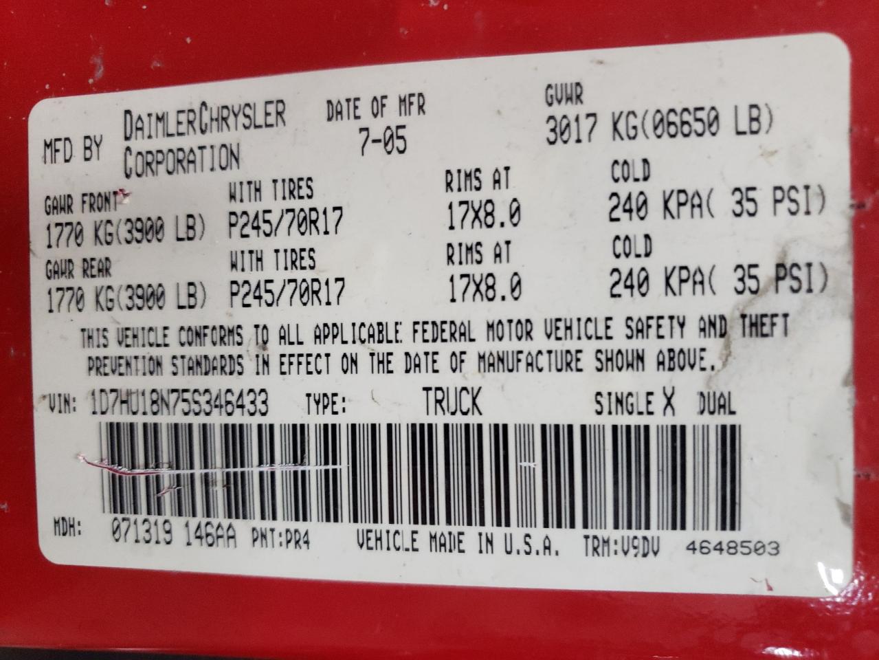 Photo 10 from auction – 2005 DODGE RAM 1500 S with VIN 1D7HU18N75S346433