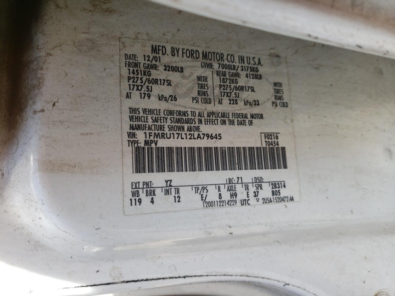 Photo 10 from auction – 2002 FORD EXPEDITION with VIN 1FMRU17L12LA79645