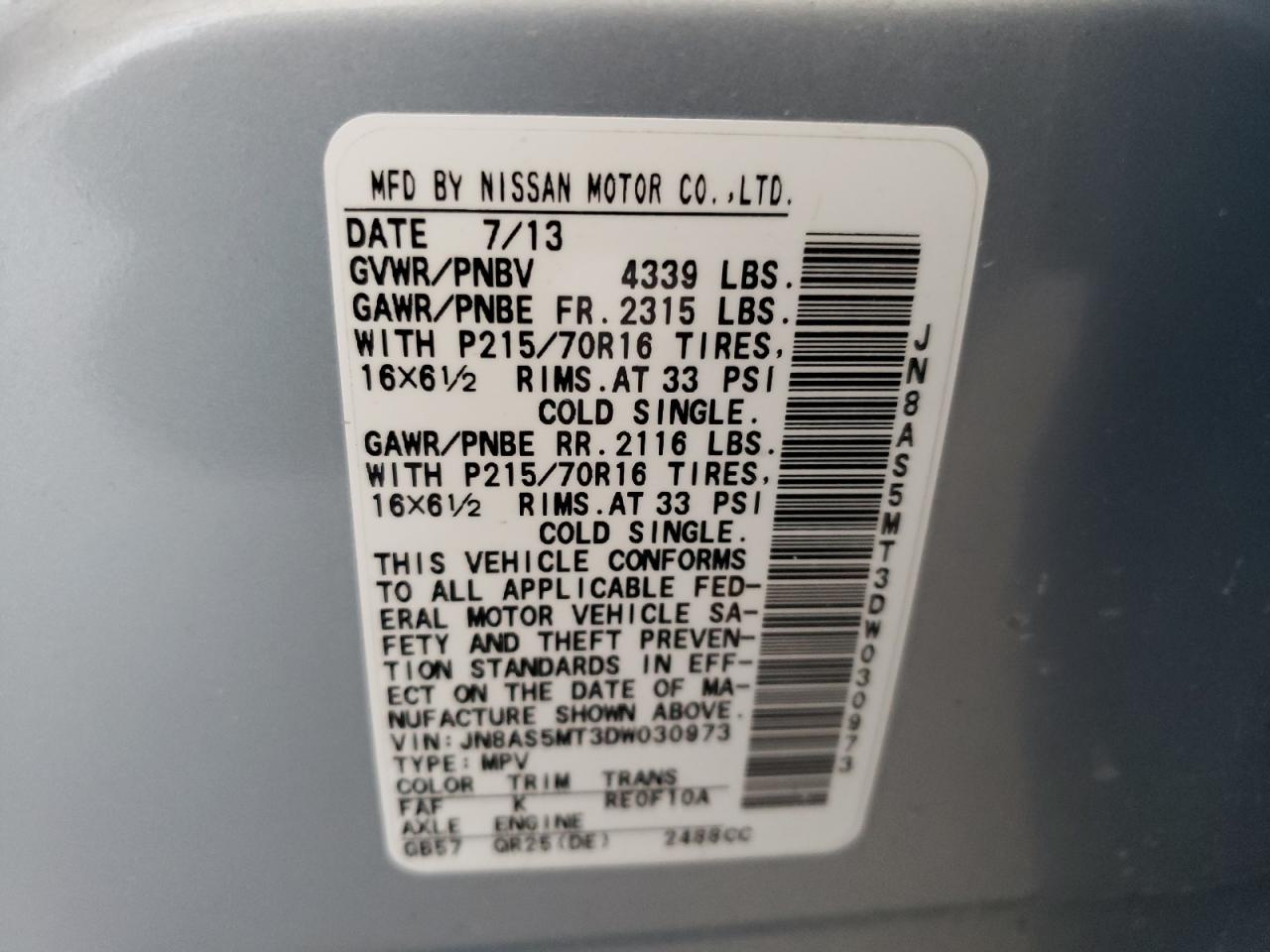 Photo 10 from auction – 2013 NISSAN ROGUE S with VIN JN8AS5MT3DW030973