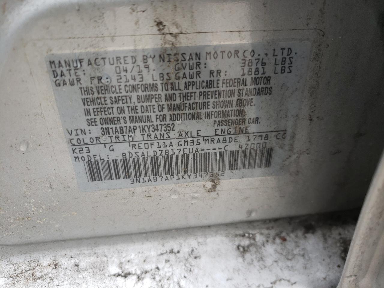Photo 18 from auction – 2019 NISSAN SENTRA S with VIN 3N1AB7AP1KY347352