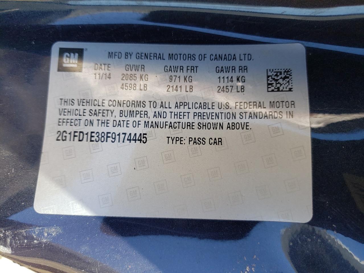 Photo 10 from auction – 2015 CHEVROLET CAMARO LT with VIN 2G1FD1E38F9174445