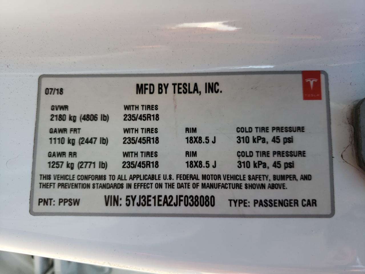 Photo 10 from auction – 2018 TESLA MODEL 3 with VIN 5YJ3E1EA2JF038080