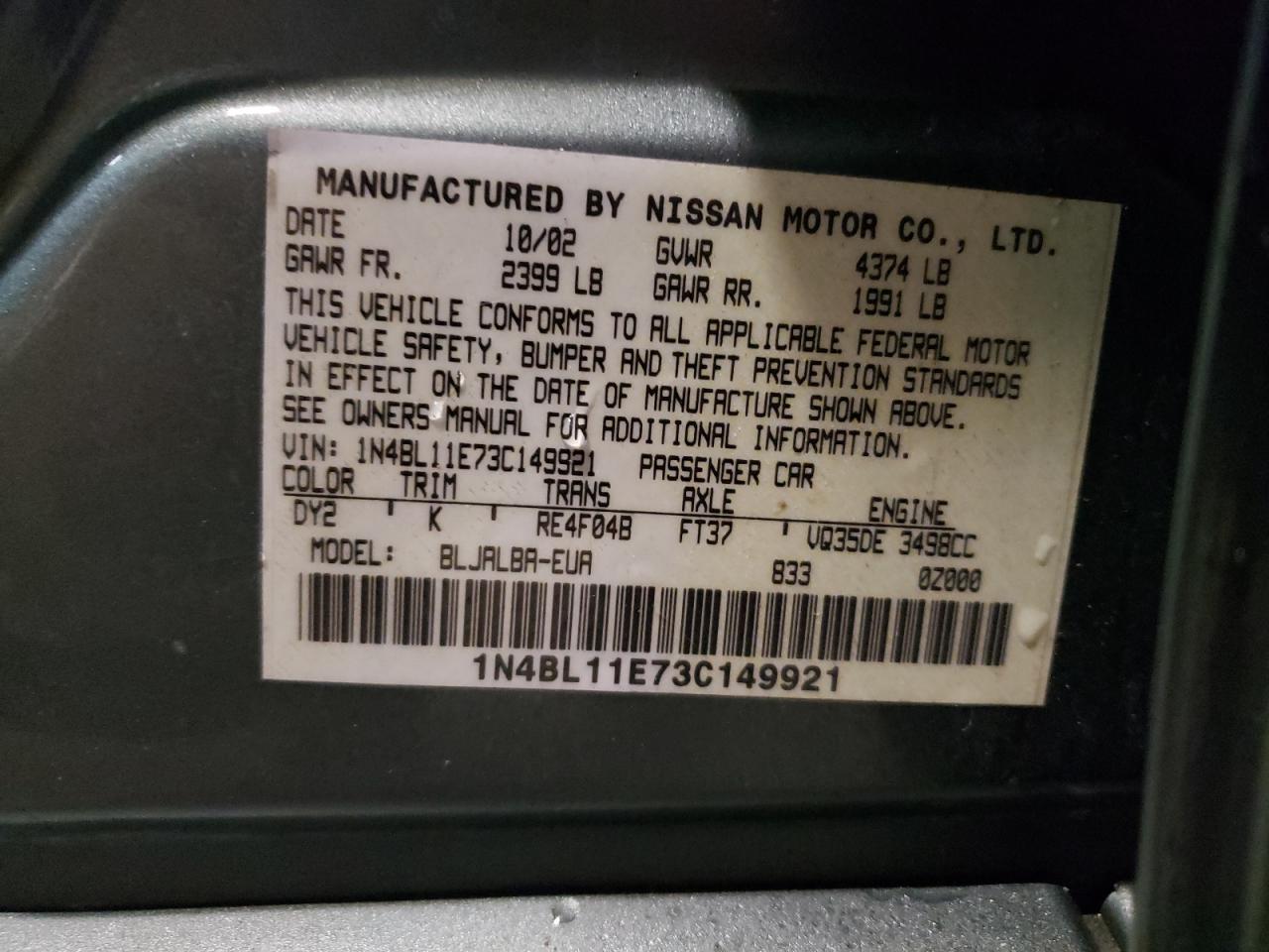 Photo 10 from auction – 2003 NISSAN ALTIMA SE with VIN 1N4BL11E73C149921