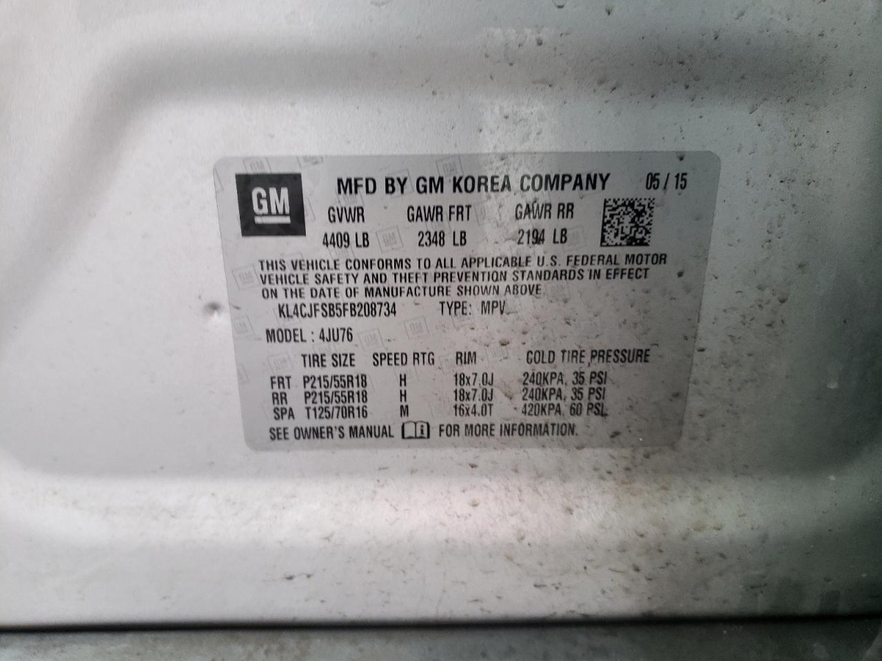 Photo 10 from auction – 2015 BUICK ENCORE CON with VIN KL4CJFSB5FB208734